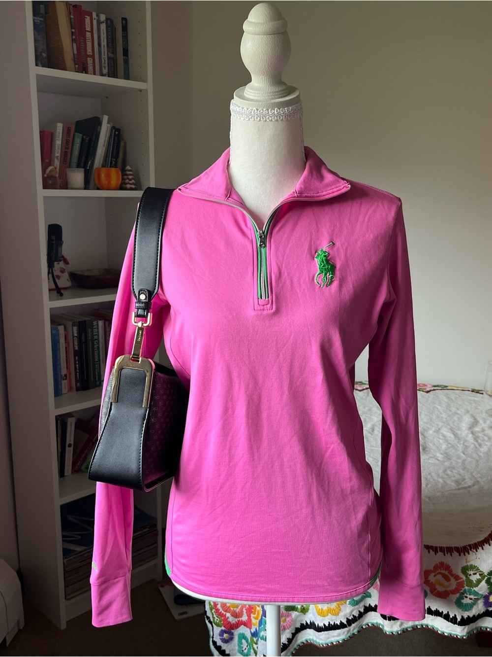 Ralph Lauren Hot Pink Pullover with Green Logo Embroidery